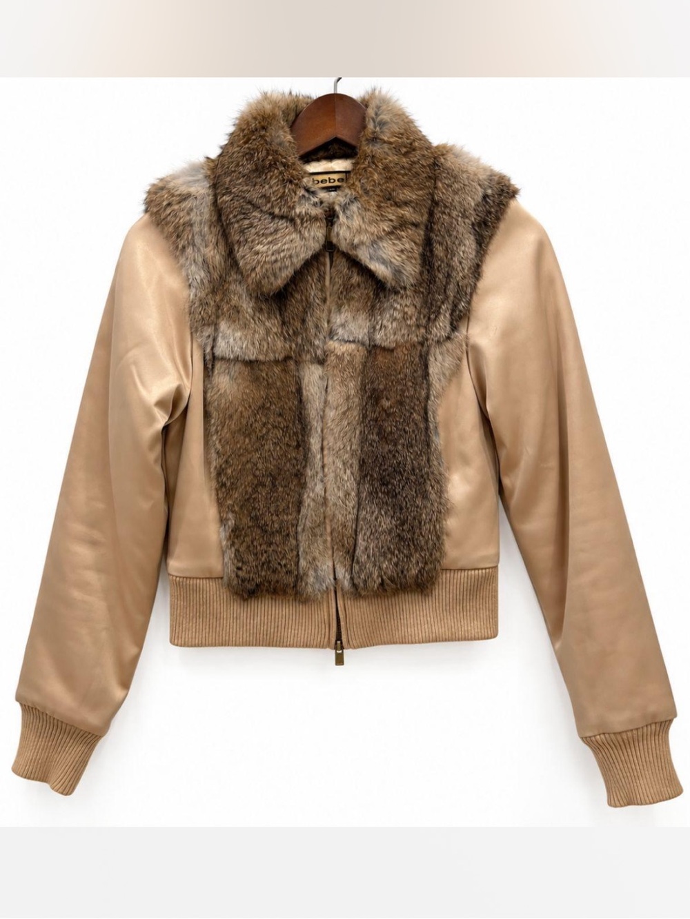 Vintage Y2K Bebe Gold Genuine Rabbit Fur Cropped Bomber Jacket XS McBling Grail